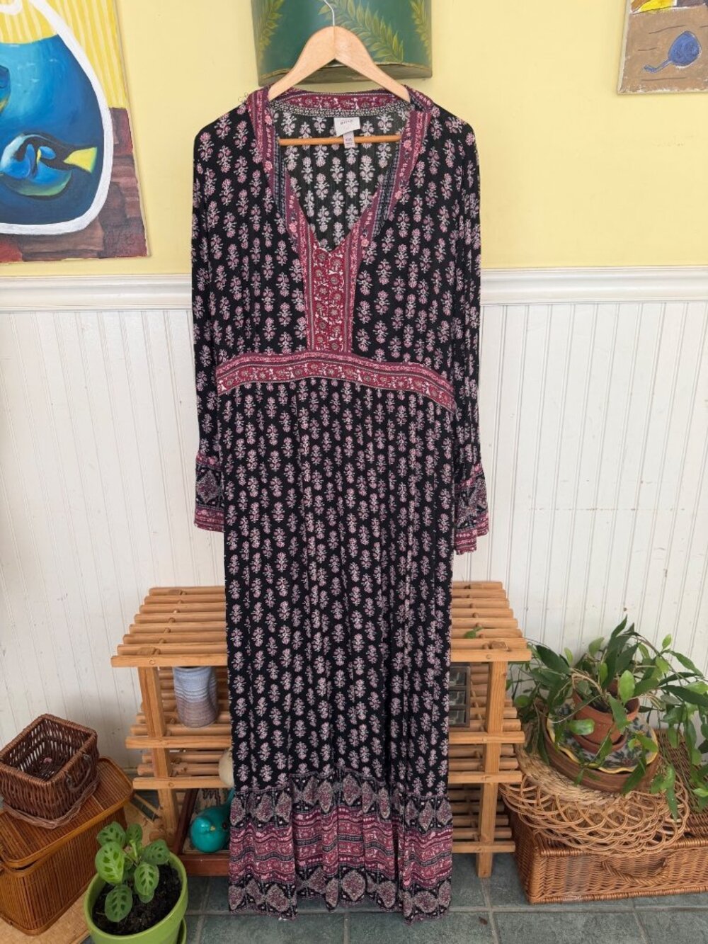 Knox Rose Black & Red Floral Boho Maxi Dress XXL Long Sleeve Lightweight